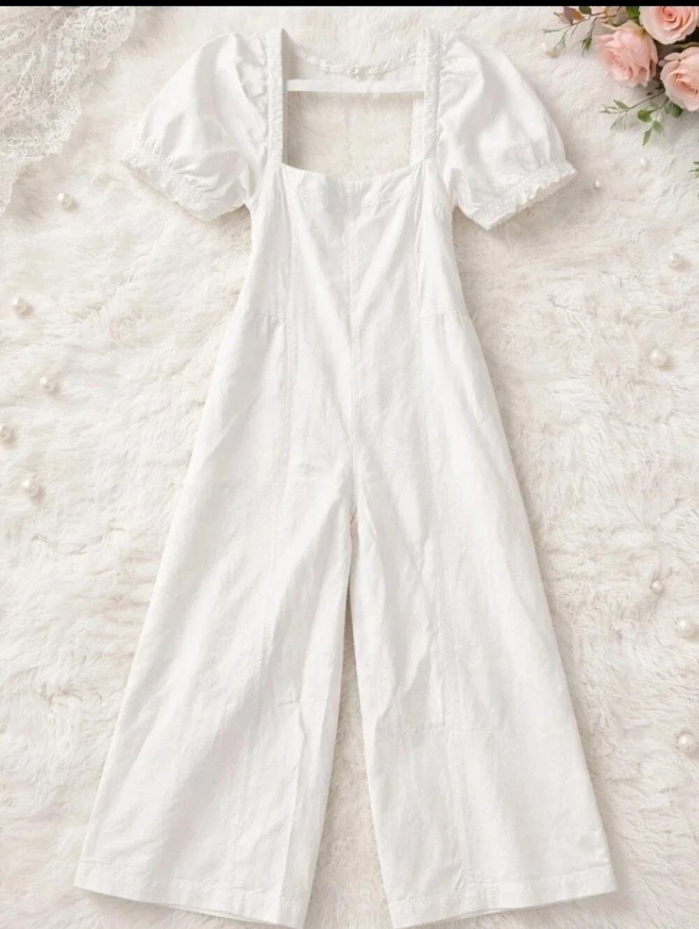 Free People Cream Wide Leg Jumpsuit With Square Neck & Smocked Back Size Large